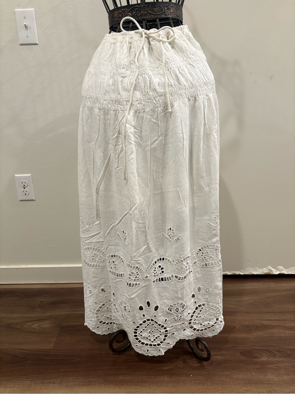 Bohemian White Eyelet Maxi Skirt with Drawstring Waist